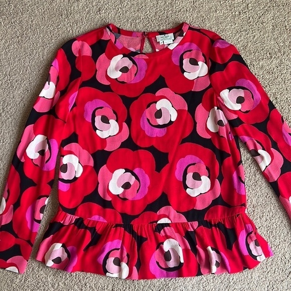 Kate Spade Red Floral Long Sleeve Ruffle Blouse - Picture 1 of 6